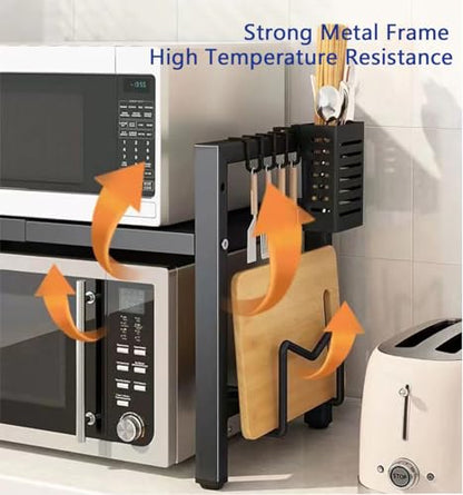 Extendable Microwave Oven Rack, 15.7~24.8" L Expandable Microwave Stand with Storage Shelf Heavy Duty with 6 Hooks and Chopsticks Cutting Board Holder for Kitchen Countertop - color: Black