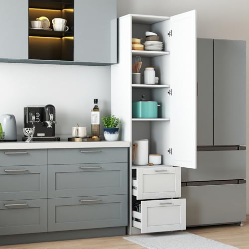 White Pantry Cabinet with Door and 2 Drawers, 70.87" Tall Freestanding Kitchen Storage Cabinet with Adjustable Shelves for Kitchen, Dining Room, Living Room - color: 03 White