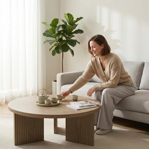 35" Wooden Round Coffee Table, Walnut | Smooth Thick Coffee Table, Low Circle Center Table with X Shaped Stable Legs, Accent Tea Table for Living Room, Office - color: Walnut, style: Coffee Table