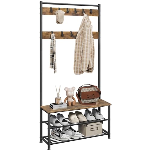 Yaheetech 3-in-1 Hall Tree, Mudroom Bench with Shoe Storage & Hooks, 33.5"W | Iron and engineered wood hold 275 lb, 2 shoe shelves organize the entry, 11 movable hooks for coats and bags, easy assembly - color: Rustic Brown, size: 33.5'' W