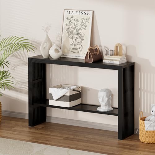 47-Inch Console Table with Storage, 2-Tier Narrow Entryway Table,Black | 100% Natural Bamboo slim profile, reinforced angled frame versatile wall-side placement - color: Black, style: 2-TIER