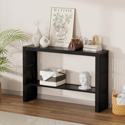 47-Inch Console Table with Storage, 2-Tier Narrow Entryway Table,Black | 100% Natural Bamboo slim profile, reinforced angled frame versatile wall-side placement - color: Black, style: 2-TIER