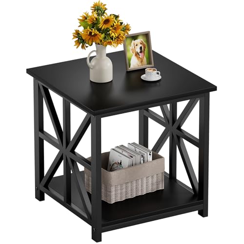 GreenForest 19.7 inch End Table with 2-Tier Storage Shelf for Living Room | Modern Side Table for Bedroom Office,Sturdy X-shaped Metal Frame Nightstand,Scratch-resistant,Waterproof Top,Easy to Clean - color: Black, size: 19.7inch