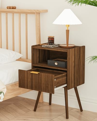 Veegle Nightstand,Modern Bedside Table with Storage Drawer and Open Wood Shelf, Accent Night Stand with Solid Wood Legs for Living Room, Bedroom and Small Spaces,Easy Assembly (Walnut Brown) - color: Walnut Brown-2