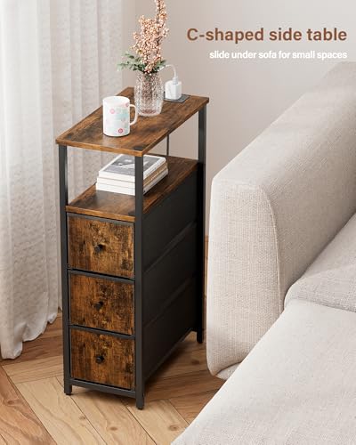 TUTOTAK Narrow Night Stand with Charging Station, Slim End Table | Tall Side Table with 3 Fabric Drawer, Small Bedside Table with Storage, Living Room, Bedroom, Brown TB01BB086 - color: Brown, size: 1 Pack (3 Drawers), style: With Plug