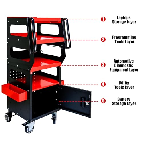 4-Level Multi Purpose Tool Trolley Cart with Cabinet & Locking Caster | Mechanic workshop service utility cart, full 360° locking wheels, storage chest organizer for garage repair use