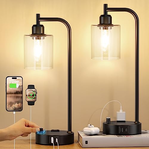 Industrial Nightstand Lamps for Bedrooms Set of 2 - Fully Dimmable Bedside Lamps with USB A C Ports and Outlet, Black Table Lamps with Clear Glass Shade for Living Room, Desk Lamps for Office Reading - color: Clear