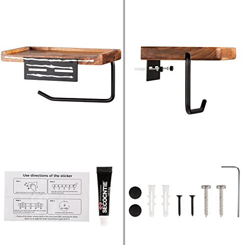 Yangbaga Toilet Paper Holder with Shelf: Wall Mount Bathroom Tissue Roll Storage with Adhesive& Screw, Matte Black Aluminum Alloy Bathroom Accessories Wood Shelf for Phone Wipes