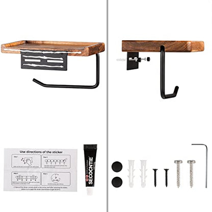 Yangbaga Toilet Paper Holder with Shelf: Wall Mount Bathroom Tissue Roll Storage with Adhesive& Screw, Matte Black Aluminum Alloy Bathroom Accessories Wood Shelf for Phone Wipes