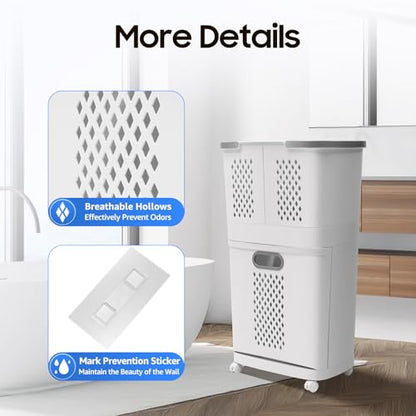 2-Tier Rolling Laundry Hampers, Space-Saving Removable Clothes Hamper Organizer, Modern Grey/White Rolling Storage Cart for Bedroom, Laundry Room, Bathroom