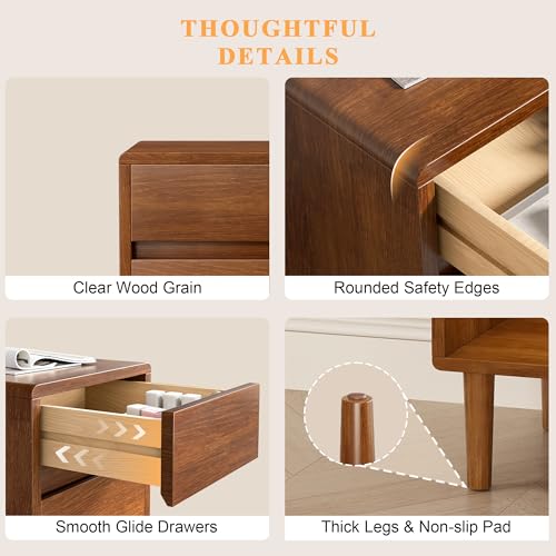 Narrow Nightstand 2 Drawers with Open Shelf Narrow Night Stand Solid Wood Bedside Table Mid Century Modern Nightstand Wooden End Table for Bedroom, Study, Office - color: Walnut-2d, size: 15.75''×11.8''×23.62''