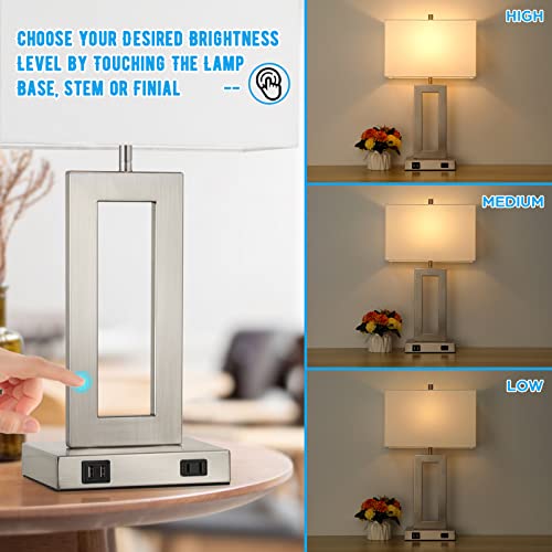 22'' Tall Table Lamps for Bedroom Set of 2, Silver Bedside Touch Control Lamp with 2 USB Ports&AC Outlet, Modern Living Room Table Lamp for Nightstand End Table, 3-Way Dimming with 2 E26 Edison Bulbs | 3 Way Dimmable, Touch Control, White Fabric Shade, E2