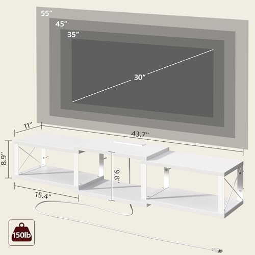 MAHANCRIS 43.7” Floating TV Stand with Power Outlet, Wall-Mounted Entertainment Center, Floating Metal Frame Media Console Shelf for Under TV Storage, for Living Room, Bedroom, White TVBW101E01 - color: White