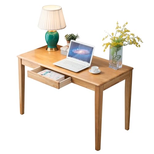 Solid Wood Desk with Drawer, Wooden Home Office Desk for Work, Student Computer Desk for Small Spaces, Gaming Study PC Desk for Bedroom, Easy to Assemble (Teak Color 39 inch) - color: Teak Color 39 Inch