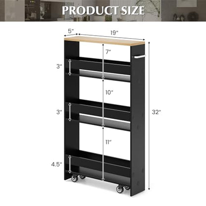 LOKO Slim Storage Cart, 4-Tier Rolling Cart with Handle & Wooden Top for Kitchen Bathroom Laundry Living Room Narrow Small Spaces, 5 Inches Width (Black & Natural) - color: Black & Natural