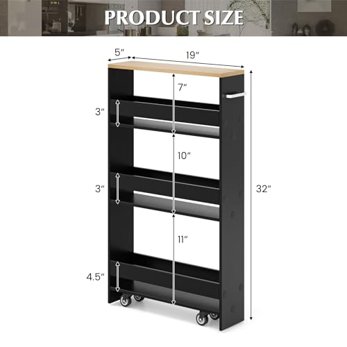 LOKO Slim Storage Cart, 4-Tier Rolling Cart with Handle & Wooden Top for Kitchen Bathroom Laundry Living Room Narrow Small Spaces, 5 Inches Width (Black & Natural) - color: Black & Natural
