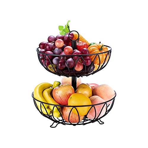 2 Tier Fruit Basket Bowl, Vegetable Organizer, Metal Black | Space-Saving, Home Fruit Rack Stand for Countertop, Storage Bread, Snacks, Fits Under Cabinets - color: 2 Tier-Black