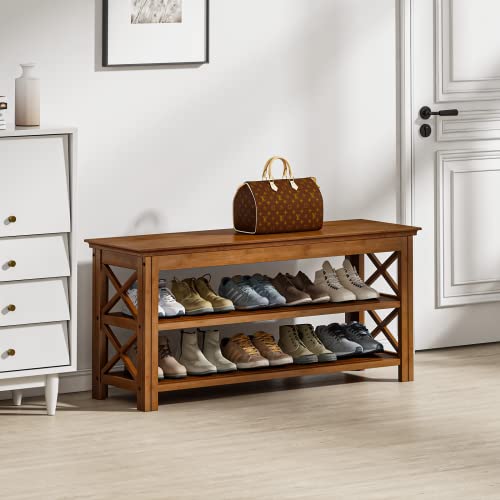 Bamworld Shoe Rack Bench with Storage 3 Tier Bamboo Shoe Bench Entryway Rustic Solid Wood Entryway Bench (X-Brown,39.4") - color: Brown, size: Shoe Bench,39in