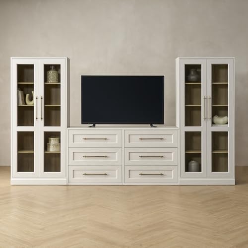 Mopio Blake 4 Piece Entertainment Center with Storage, Modern Farmhouse Wall Unit Dresser TV Stand with Tall Display Cabinets for up to 65" TVs, Trophy Display Case, Media Console Cabinet, Living Room - color: White Oak, size: 2 Units Dresser + 2 Units Ta