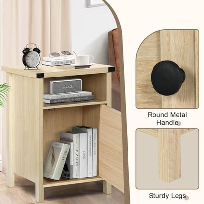Farmhouse End Table, Side Table, Nightstang, End Table with Barn Door and Shelf, Rustic Modern Bed Night Stand for Bedroom, Living Room, Natural | End Tables,Wooden Sofa Side Table, Modern Bed Side Table Rustic Nightstands, Bedroom, Living Room - color: N
