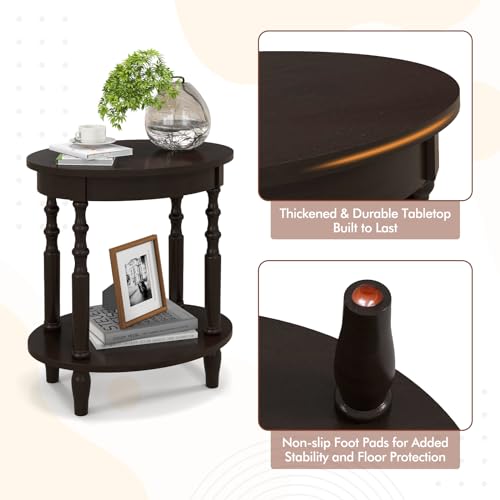Giantex Oval End Tables Set of 2, 2-Tier Side Tables with Storage Shelf & Solid Wood Legs, Modern Living Room Accent Table, Wood Nightstand for Bedroom, Small Space, 20.5"L x 15.5"D x 24.5"H, Espresso - color: Espresso