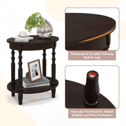 Giantex Oval End Tables Set of 2, 2-Tier Side Tables with Storage Shelf & Solid Wood Legs, Modern Living Room Accent Table, Wood Nightstand for Bedroom, Small Space, 20.5"L x 15.5"D x 24.5"H, Espresso - color: Espresso
