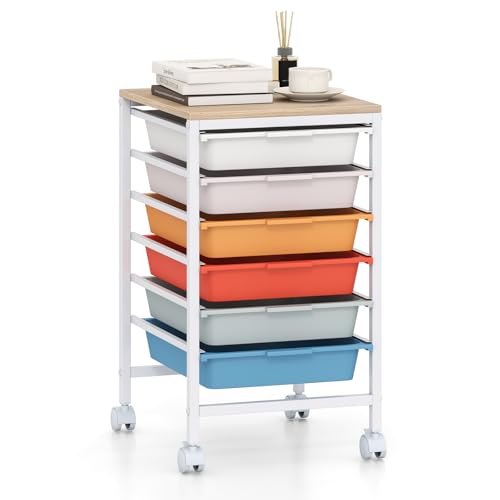 GOFLAME 6-Drawer Rolling Storage Cart, Craft Storage Cart with Wooden Tabletop and Lockable Wheels, Art Cart Supply Storage Organizer with Metal Frame for Home Office Classroom, Macaron Color - color: Macaron Color, size: 6 Drawer with Wood Top-13"x14.5"x
