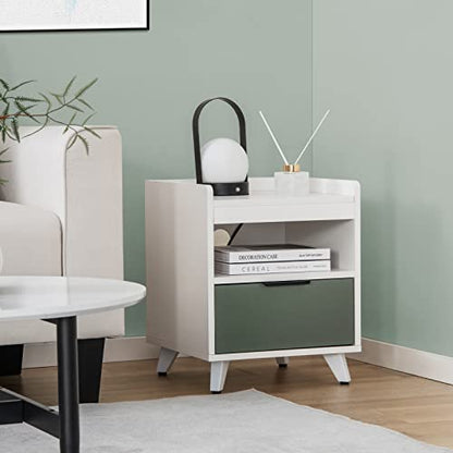 GOFLAME LED Nightstand Set of 2, 3-Tier Sofa Side Table with Drawer & Open Shelf, Remote Control, Aluminum Alloy Leg, Modern End Table for Bedroom, Guest Room, White