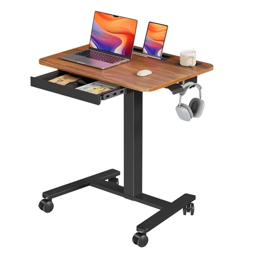 Mobile Standing Desk with Drawer, 28" Rolling Desk with Cup Holder and Hooks, Portable Laptop Workstation on Wheels, Height Adjustable Cart with Storage for Home Office, Dark Wood - color: Dark Wood, size: 28"