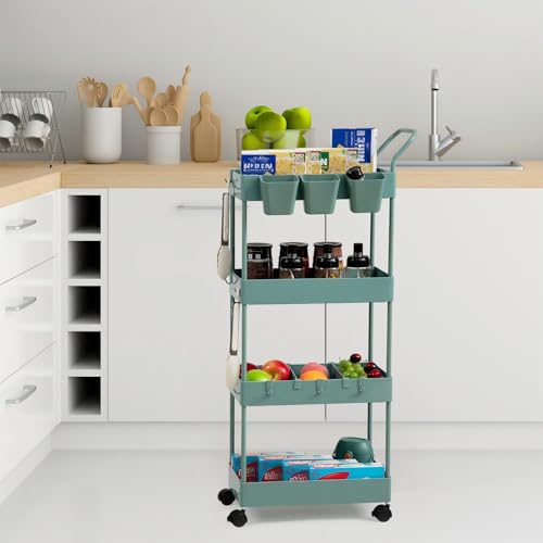 danpinera Slim Storage Cart on Wheels, 4 Tier Narrow Laundry Cart with Hooks Hanging Cups Dividers Mobile Rolling Lash Cart with Handle for Bathroom Small Spaces, Green - style: 4 Tier Green