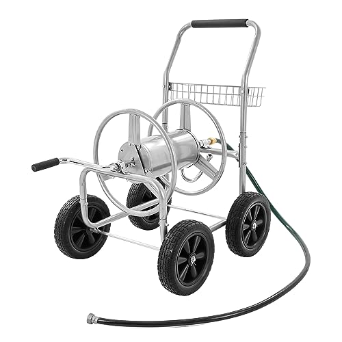 VEVOR Hose Reel Cart, Hold Up to 300 ft of 5/8’’ Hose, Garden Water Hose Carts Mobile Tools with 4 Wheels, Heavy Duty Powder-Coated Steel Outdoor Planting with Storage Basket, for Garden, Yard, Lawn - style: 300 ft