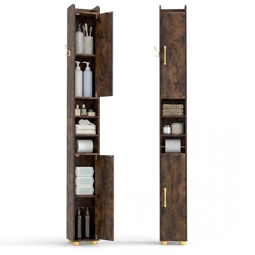 Tangkula Narrow Bathroom Cabinet, 69.5” Tall Storage with 2 Doors & Adjustable Shelves, Toilet Paper Rod & Side Hook, Anti-toppling Design, Slim Floor Cabinet for Small Spaces (Rustic Brown, 2 Pack) - color: Rustic Brown, size: 2 Pack