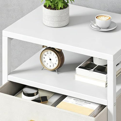 Nightstand 3 Drawers Side Table Modern Bedside End Table | White night stand with 3 fabric drawers, double layer shelf, metal frame, space saving end table for bedroom and living room - size: 3 Drawers, Single Piece