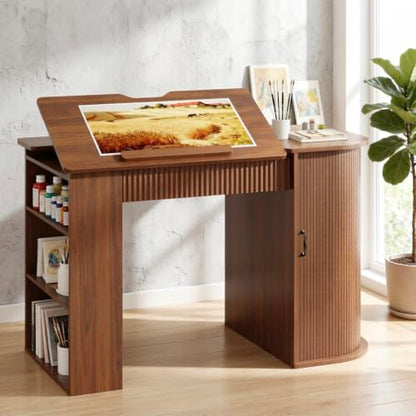 Drafting Table with Storage Cabinet & Drawers, Adjustable Drawing Table with Open Shelves, Crafting Table Art Desk for Home Office, Reading, Writing, Crafting, Painting - color: Walnut