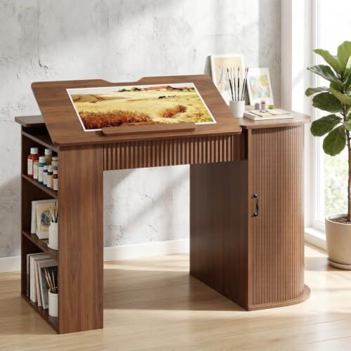 Drafting Table with Storage Cabinet & Drawers, Adjustable Drawing Table with Open Shelves, Crafting Table Art Desk for Home Office, Reading, Writing, Crafting, Painting - color: Walnut