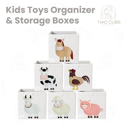Two Cubs Foldable Kids Toy Storage Box - 13"x13" Cube Organizer Bin with Durable 2.6mm Plastic Plate Boards, Cow Design in White - Collapsible Nursery & Playroom Storage, Fits IKEA Kallax Shelves - color: Cow