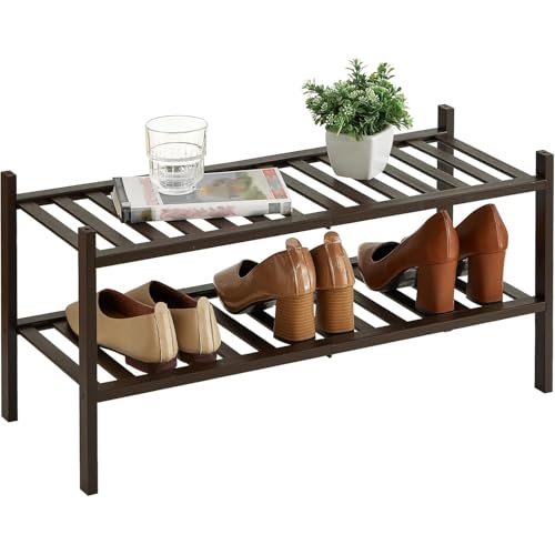 2-Tier Bamboo Shoe Rack for Entryway, Stackable | Heavy Duty | Multi-Function, Free Standing Shoe Racks for Bedroom Hallway Closet - color: Brown, size: 2-Tier-Standard