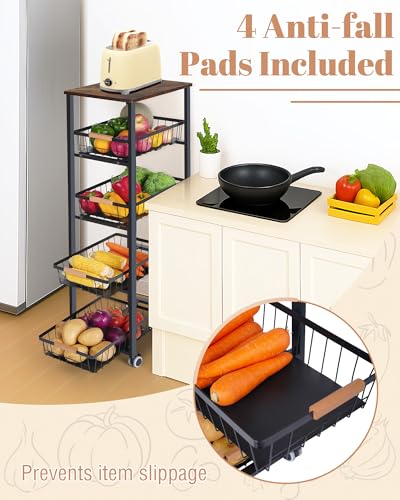 Mythinglogic 5-Tier Rolling Fruit Vegetable Storage Cart with Pull-Out Baskets, Metal Kitchen Organizer, Heavy Duty Utility Rack with Wheels for Pantry, Living Room, Kitchen - size: 15.74"D x 11.81"W x 42.51"H