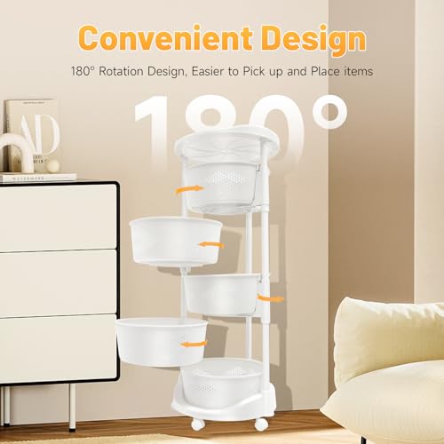 5-Tier Rotating Storage Rack, Round Kitchen Organizer Cart with Wheels for Fruit Vegetable, Multi-Layer Shelf for Bathroom Laundry Room, White