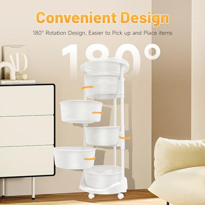 5-Tier Adjustable Kitchen Storage Rack,5 Layer Rotating Vegetable Organizer with Lockable Casters,Multi-Layers Rotatable Baskets for Kitchen Bathroom Living Room,White - size: 5-Tier