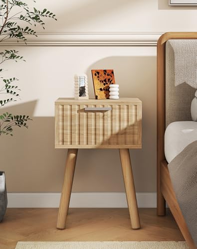 YMYNY Narrow Fluted Nightstand Set of 2, Small End Table, Modern Coffee Table with Drawer, Solid Wood Legs, Retaining Chain, for Bedroom and Small Spaces, Natural UHST014R-2 - color: Natural