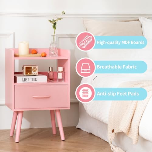 Yoobure Night Stand with Fabric Drawer, Modern Nightstand, Bedside Tables, Mid Century Nightstands with Open Storage Shelf, Wood Bedside Table, Small Night Stands for Bedrooms, 2-Tier Night Table - color: Pink