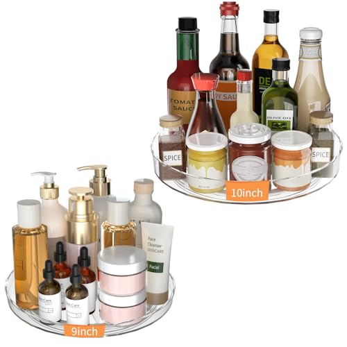 2 Pack Lazy Susan Turntable Organizer, 9 and 10 Inch Rotating Trays for Corner Cabinet, Fridge, Pantry, Kitchen, Table Top, Makeup Vanity, Bathroom Countertop Storage, Acrylic Spinning Spice Rack - size: 9+10inch - 2 Pack