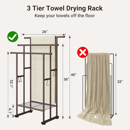 ELYKEN 3 Tier Standing Towel Rack, 40'' Tall Towel Drying Rack Outdoor, Freestanding Floor Towel Rack with Shelf, Pool Towel Blanket Stand, Metal Towel Racks for Bathroom freestanding, Bronze - color: Bronze