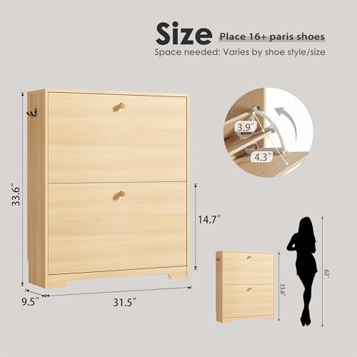 Nicetree Shoe Cabinet with 2 Flip Drawers, Narrow Shoe Organizer Cabinet, Freestanding Shoe Rack Cabinet, Modern Shoe Storage Cabinet for Entryway, Hallway, Foyer Natural Oak with Hook - color: Natural Oak, style: 2-Drawers with Hook