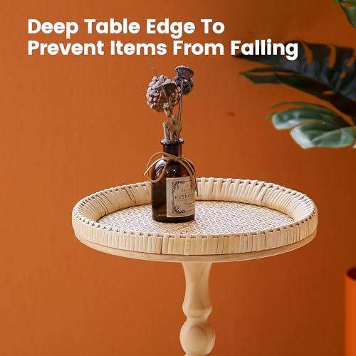 Drink Table，Rattan Round Small Side Table for Small Spaces, Boho Circle End Table Coffee Table with Solid Wood Leg for Living Room, Pedestal Table for Bedroom, Corners - size: High: 21.4", style: Bohemian