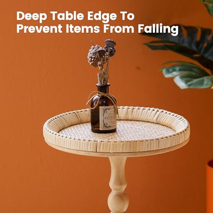Drink Table，Rattan Round Small Side Table for Small Spaces, Boho Circle End Table Coffee Table with Solid Wood Leg for Living Room, Pedestal Table for Bedroom, Corners - size: High: 21.4", style: Bohemian
