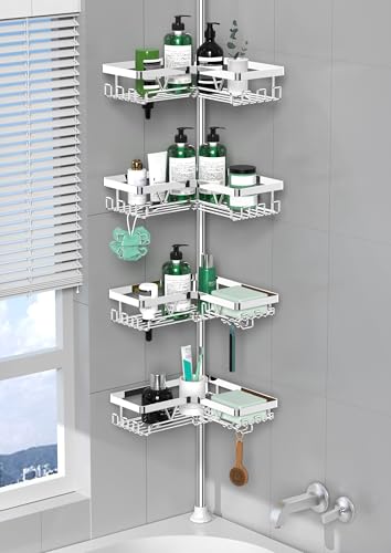 DAOYA Corner Shower Caddy Tension Pole - Chrome Tension Rod Shower Caddy | 4 Tier Shower Organizer for Bathroom/Bathtub/RV, Floor to Ceiling 25-114.2 inch, WIth 28 Hook/2 Soap Dish/ 2 Razor Holder - color: Chrome