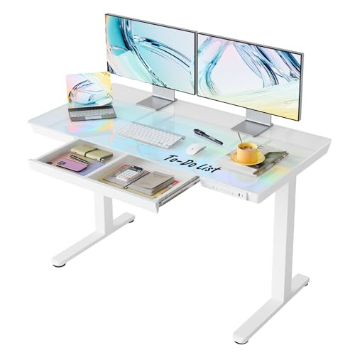 HUANUO Glass Standing Desk with Drawers, 48 X 24 Inch Electric Adjustable Height Desk, Quick Install One-Piece Tabletop with USB Charging Ports, White - color: White, size: 48*24 Inch