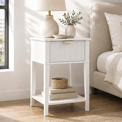 Modern Fluted Small Wood Nightstand, 11.8" Deep x 15.4" Narrow Bedside Table with Drawer & Open Shelf, Farmhouse Chic Accent Side Table for Bedroom & Sofa - White | Bright white tone, ribbed fluted front, 11.8-inch slim depth, concealed storage, clean fit